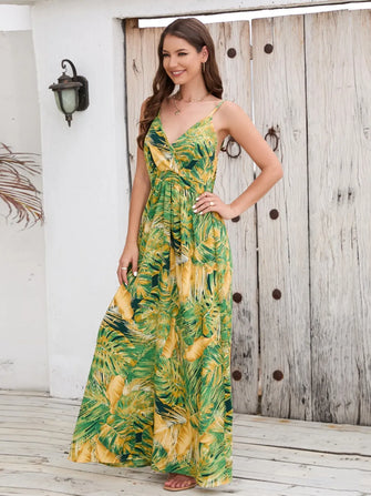 Tropical Print Maxi Dress with Waist Stretch in Green and Yellow Yellow-Green