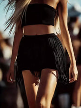 Tube Top and Fringe Shorts Set: black fringe shorts with sleek strapless top