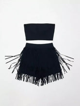 Tube top and fringe shorts set in black with soft fabric and long tassels