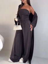 Black off-shoulder jumpsuit in tube top cardigan pants three-piece set