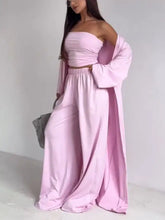 Soft lavender tube top cardigan and pants three-piece set with ruched cropped top and wide-leg pants
