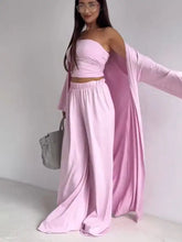 Soft lavender tube top cardigan pants three-piece set back view
