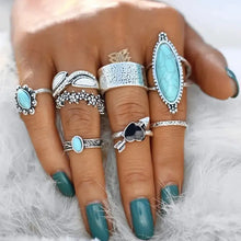 Turquoise Alloy 8-Piece Ring Set Fashion Jewelry