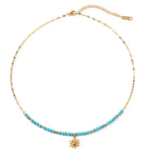 Turquoise beaded sun charm necklace with 18k gold-plated sun charm