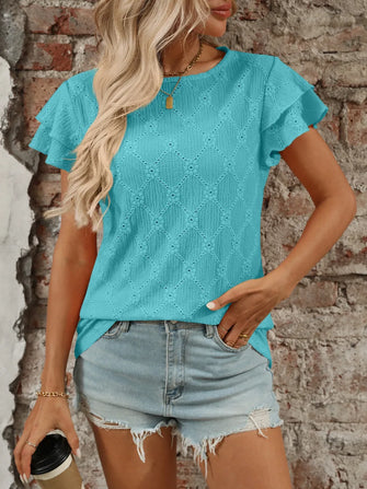 Turquoise Eyelet Knit Top with Ruffled Sleeves Turquoise Green