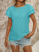 Turquoise Eyelet Knit Top with Ruffled Sleeves