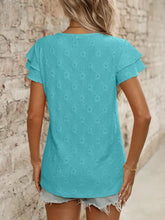 Turquoise Eyelet Knit Top with Ruffled Sleeves Woman T Shirts
