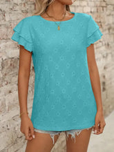 Turquoise Eyelet Knit Top with Ruffled Sleeves Woman T Shirts