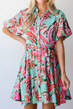 Turquoise Floral Button Down Mini Dress with Tie Waist