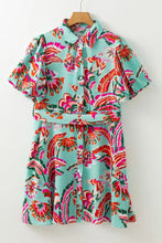 Turquoise Floral Button Down Mini Dress with Tie Waist