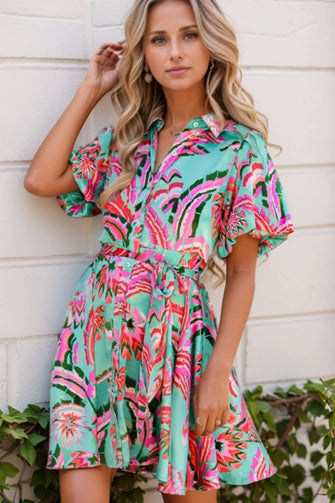 Turquoise Floral Button Down Mini Dress with Tie Waist Floral