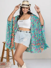 Turquoise Floral Kimono Swim Cover-Up with Pom-Pom Trim Swimwear Cover-Ups