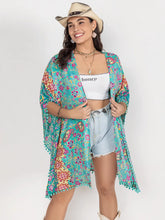 Turquoise Floral Kimono Swim Cover-Up with Pom-Pom Trim