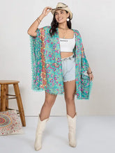 Turquoise Floral Kimono Swim Cover-Up with Pom-Pom Trim Swimwear Cover-Ups