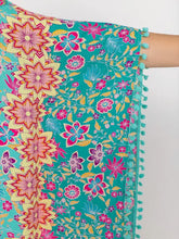 Turquoise Floral Kimono Swim Cover-Up with Pom-Pom Trim Swimwear Cover-Ups