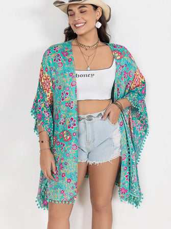 Turquoise Floral Kimono Swim Cover-Up with Pom-Pom Trim Turquoise
