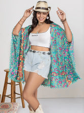 Turquoise Floral Kimono Swim Cover-Up with Pom-Pom Trim