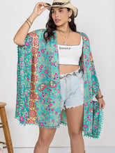 Turquoise Floral Kimono Swim Cover-Up with Pom-Pom Trim
