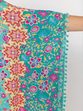 Turquoise Floral Kimono Swim Cover-Up with Pom-Pom Trim Swimwear Cover-Ups