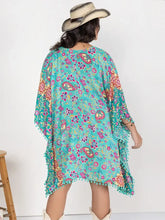 Turquoise Floral Kimono Swim Cover-Up with Pom-Pom Trim Swimwear Cover-Ups