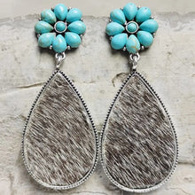 Turquoise flower teardrop earrings with cowhide and silver trim