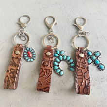 Turquoise genuine leather key chain with silver cross charm