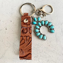 Turquoise genuine leather key chain with silver cross charm