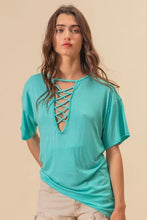 Turquoise Jersey Knit Top with Criss Cross Neckline