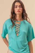 Turquoise Jersey Knit Top with Criss Cross Neckline
