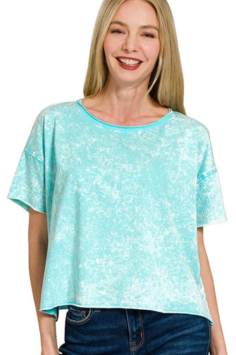 Turquoise Mineral Wash Short Sleeve Crop Top for Women MINT SKY