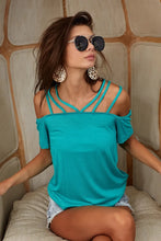 Turquoise Off Shoulder Top in Soft Rayon Span Jersey with Lace Up Detail