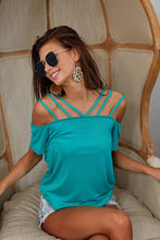 Turquoise Off Shoulder Top in Soft Rayon Span Jersey with Lace Up Detail