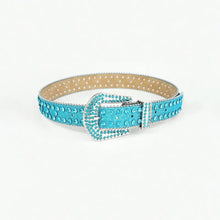 Sparkly turquoise rhinestone PU leather belt with silver buckle