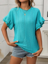 Turquoise Ruffled Sleeve Eyelet Top for Women Turquoise Green