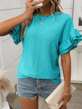 Turquoise Ruffled Sleeve Eyelet Top for Women Woman T Shirts