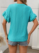 Turquoise Ruffled Sleeve Eyelet Top for Women