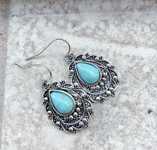 Turquoise Teardrop Earrings with Ornate Silver Settings Artificial Turquoise