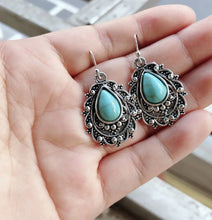 Turquoise Teardrop Earrings with Ornate Silver Settings Artificial Turquoise