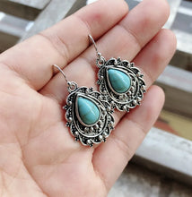 Turquoise Teardrop Earrings with Ornate Silver Settings Artificial Turquoise
