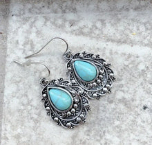 Turquoise Teardrop Earrings with Ornate Silver Settings Artificial Turquoise Fashion Jewelry