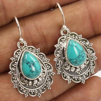 Turquoise Teardrop Earrings with Ornate Silver Settings Artificial Turquoise Turquoise One Size