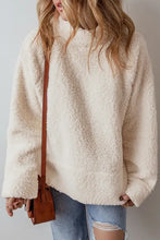 Cream-colored fuzzy turtleneck long sleeve slit fleece sweatshirt with ribbed cuffs