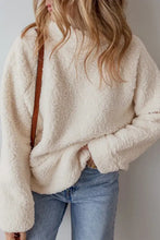 Cream turtleneck long sleeve slit fleece sweatshirt pullover
