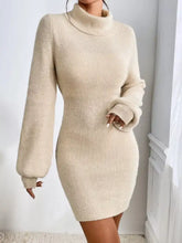 Beige ribbed knit turtleneck sweater dress with long sleeves, fitted silhouette