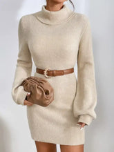 Beige ribbed turtleneck knit sweater dress with long sleeves, fitted silhouette
