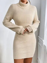 Cozy beige ribbed knit turtleneck sweater dress, long sleeves