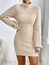 Cozy beige ribbed knit turtleneck sweater dress, long sleeves, fitted silhouette