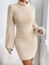 Cozy cream ribbed knit turtleneck sweater dress with puffy sleeves