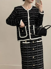 Black and white tweed jacket with cream trim and gold buttons from Tweed Contrast Trim Jacket and Skirt Set