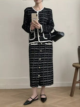 Black and white tweed contrast trim jacket and skirt set